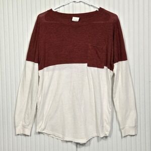 Victorias Secret Pink‎ Womens T-Shirt Burgundy White Color Block Long Sleeve S